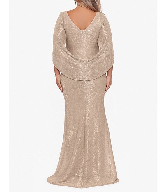 Betsy & Adam Plus Size Cape Back Metallic Gown