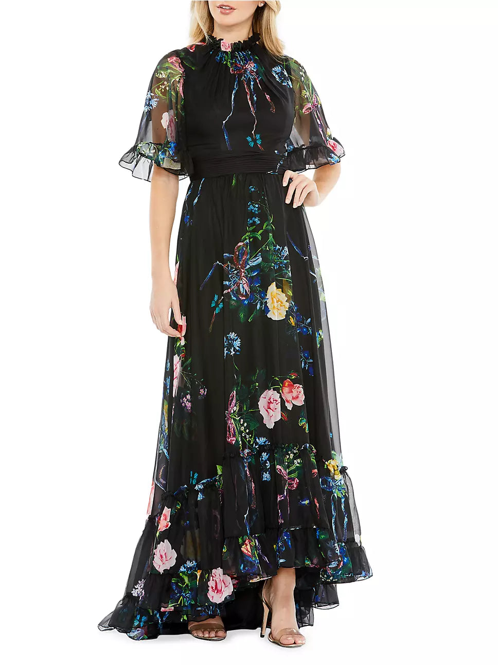 Mac Duggal Floral Ruffle Neck High-Low Gown