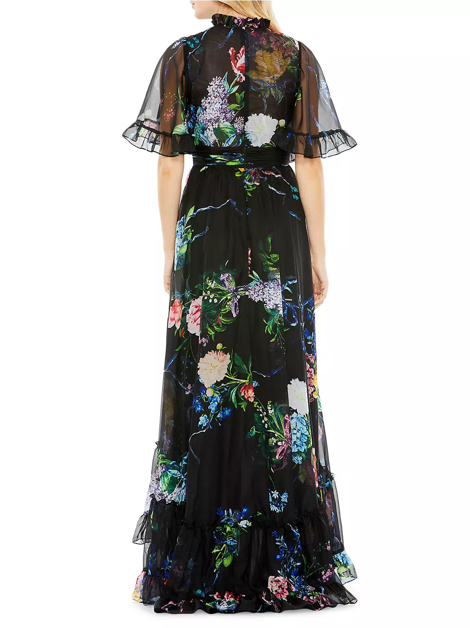 Mac Duggal Floral Ruffle Neck High-Low Gown