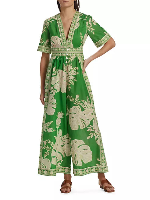 Farm Rio Palm Buttoned Wide Leg Jumpsuit