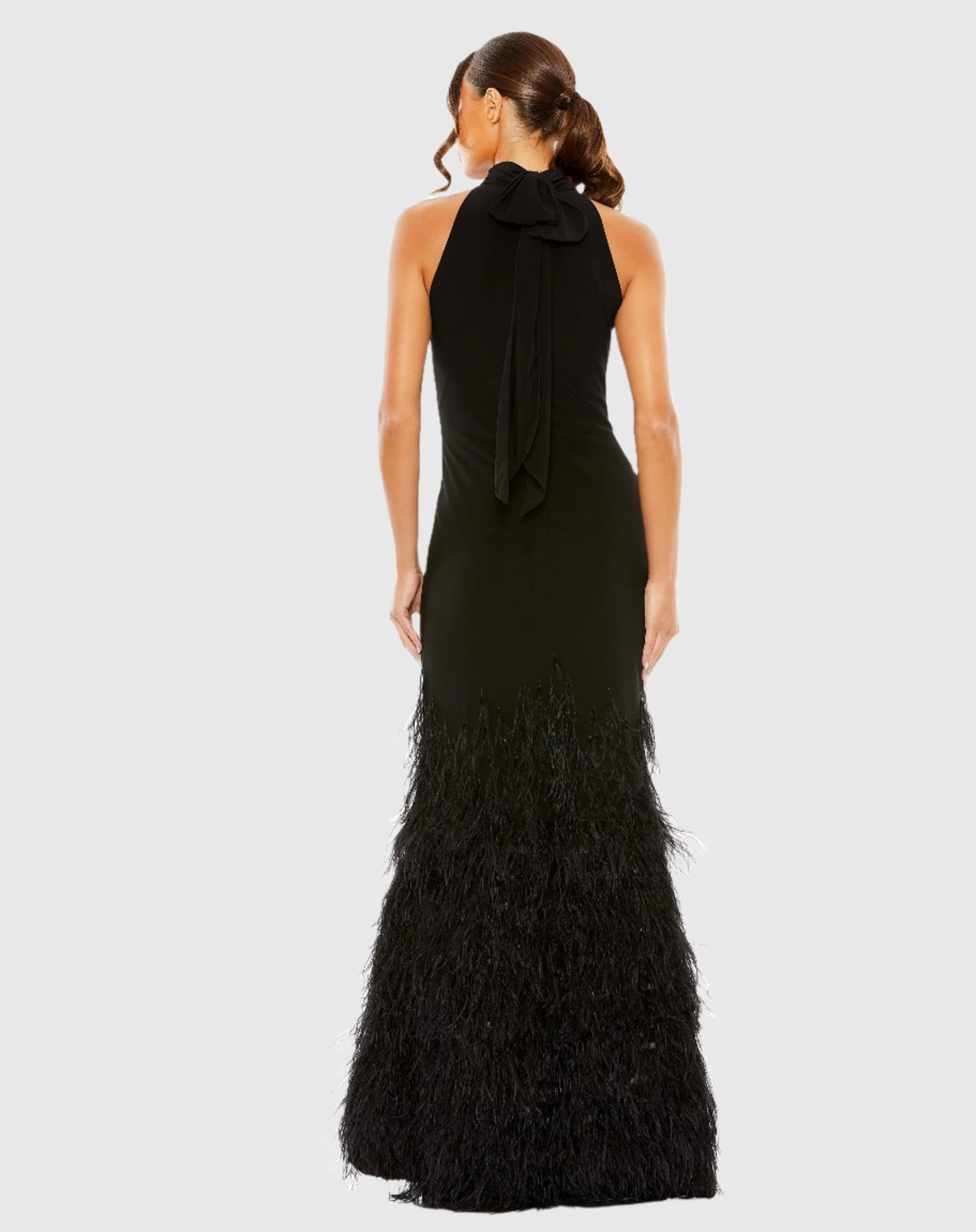Mac Duggal Jersey Halter Gown with Tiered Feathers