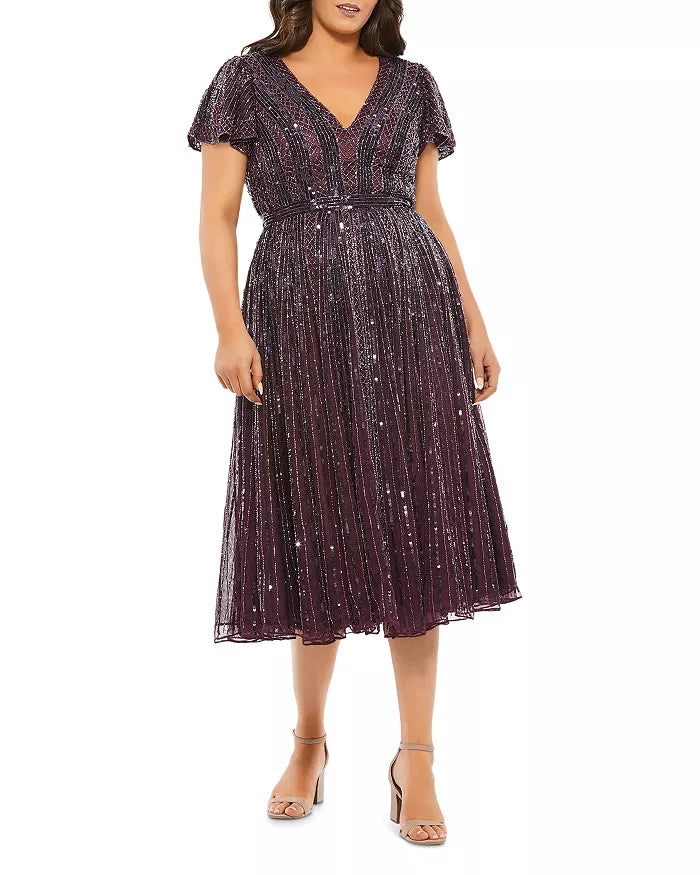 Mac Duggal Plus Size Beaded Short Sleeve Midi Dress