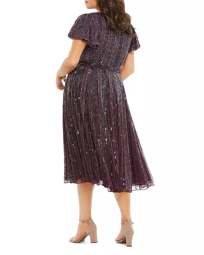 Mac Duggal Plus Size Beaded Short Sleeve Midi Dress