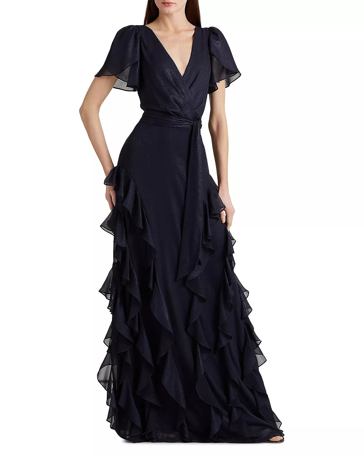 Lauren Ralph Lauren V-Neck Ruffle Trim Gown