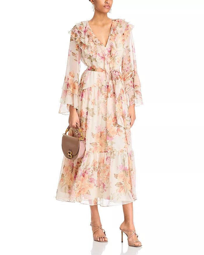 Aqua Long Sleeve Floral Ruffle Dress