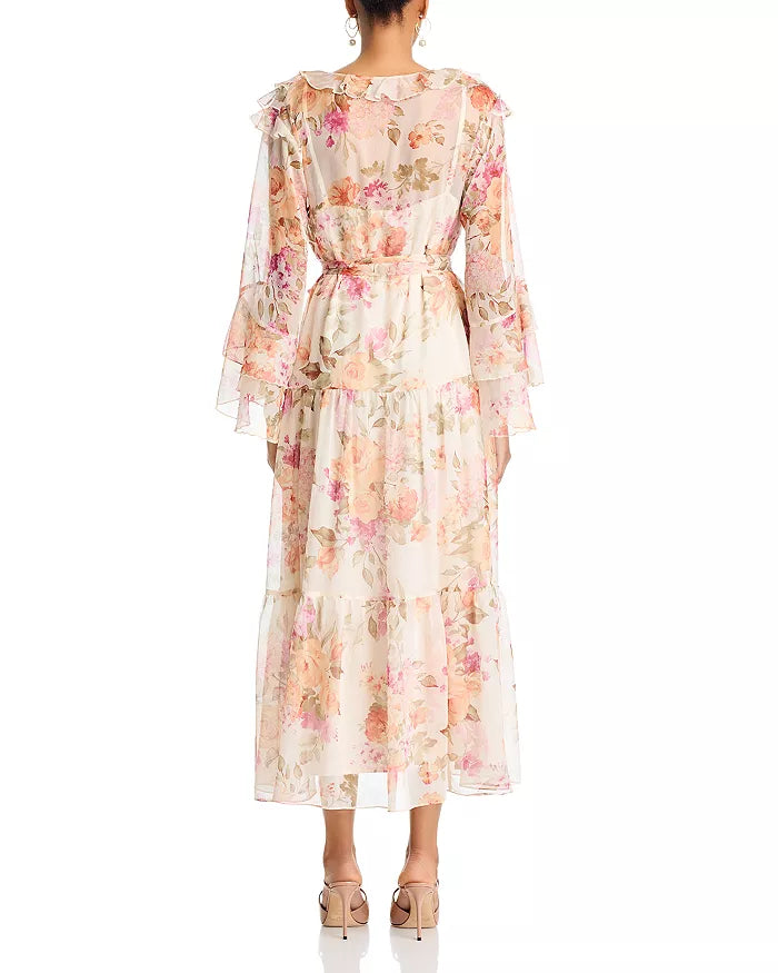 Aqua Long Sleeve Floral Ruffle Dress
