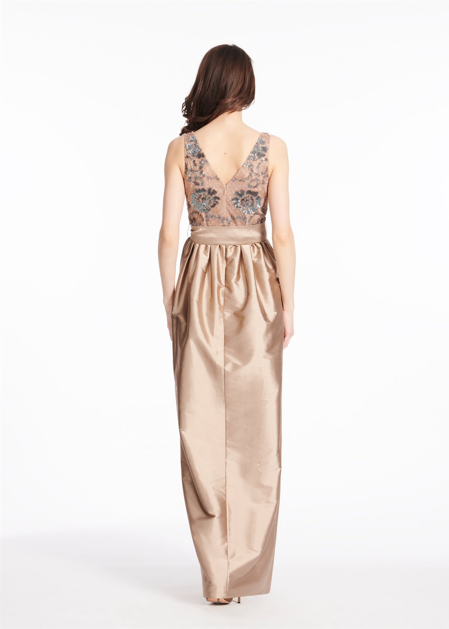 Emily Shalant Sequined Lace Gown with Taffeta Skirt