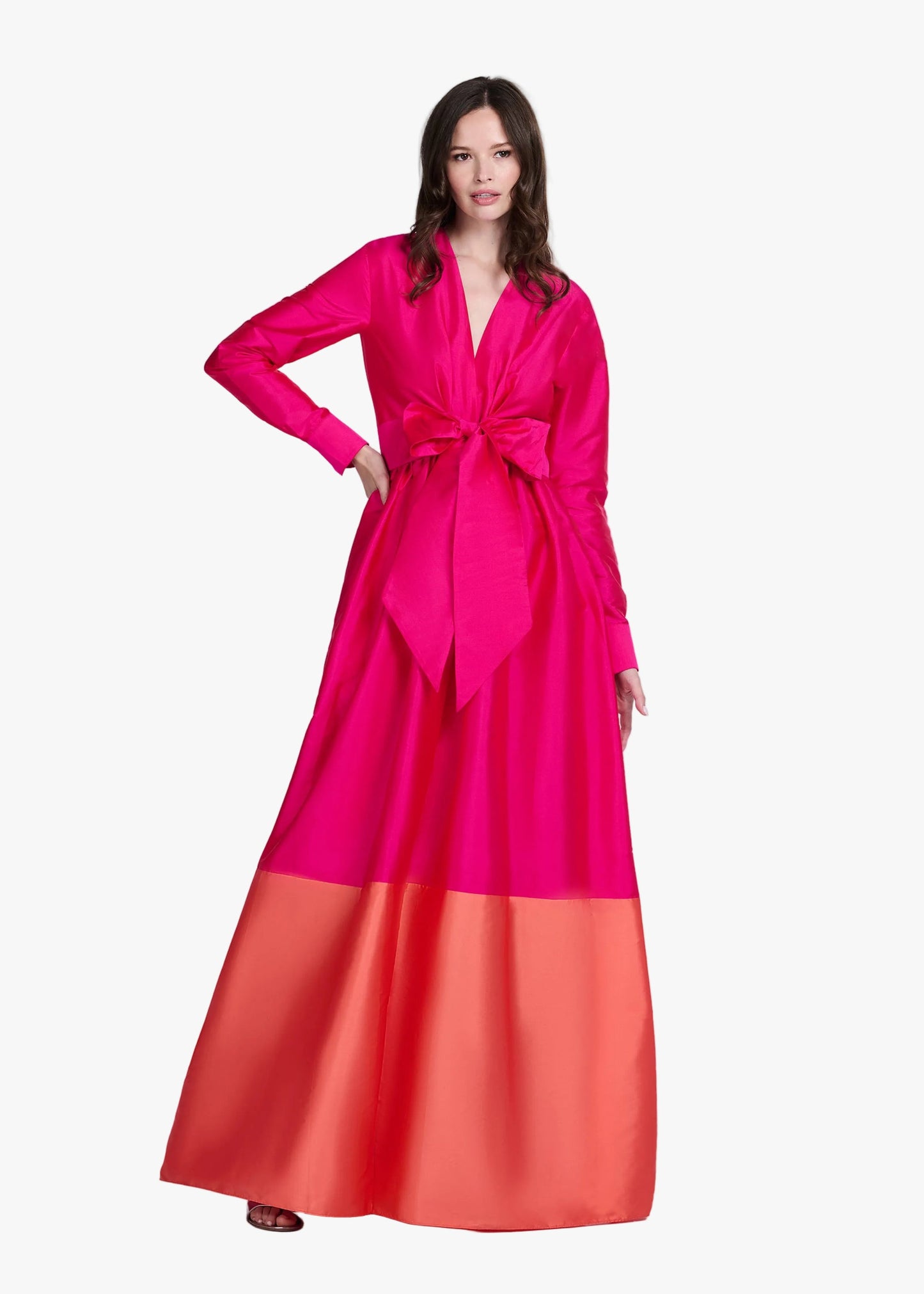 Emily Shalant Taffeta Color Bblocked Wrap Gown