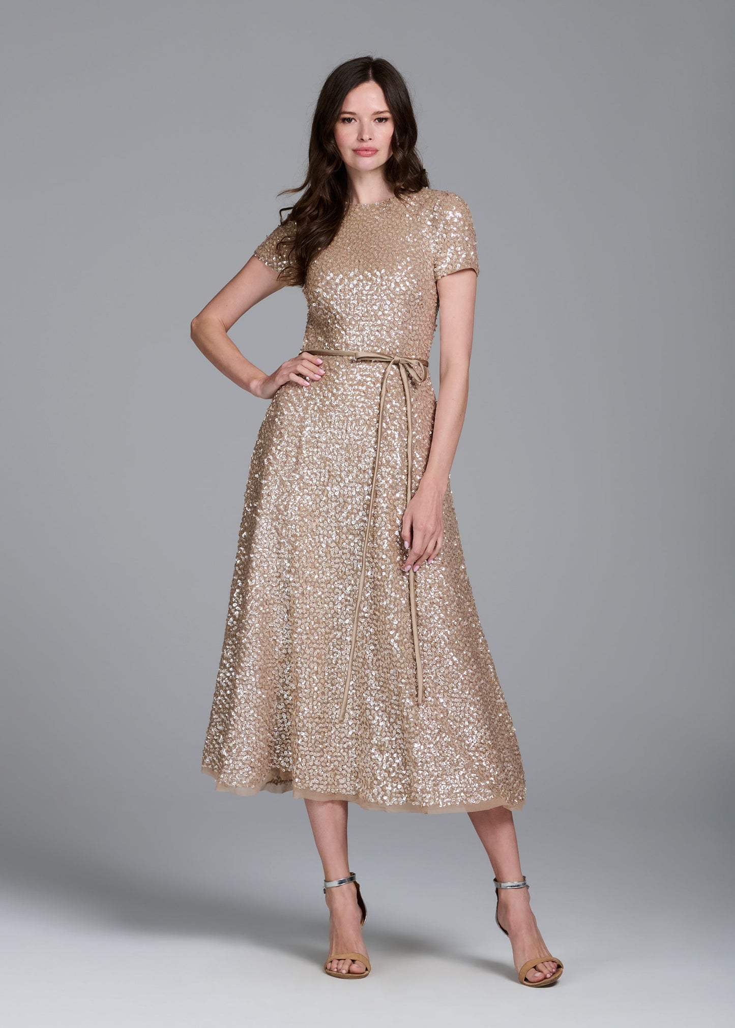 Emily Shalant Sequin Encrusted Short Sleeve Midi