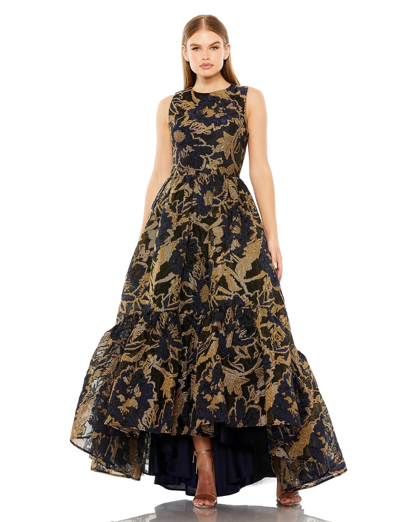 Mac Duggal Sleeveless High Low Brocade Gown
