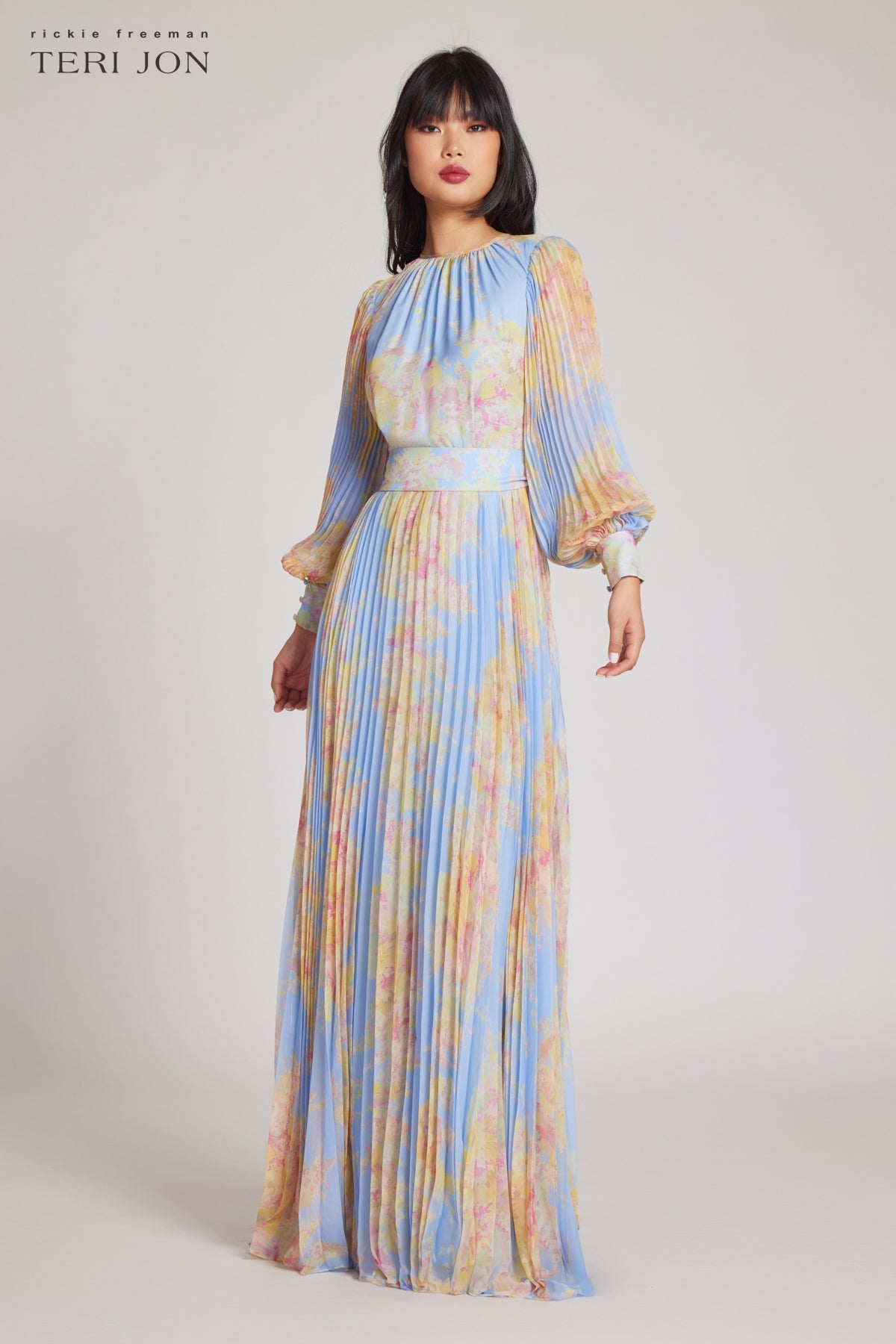 Teri Jon Floral Pleated Sleeve Chiffon Gown