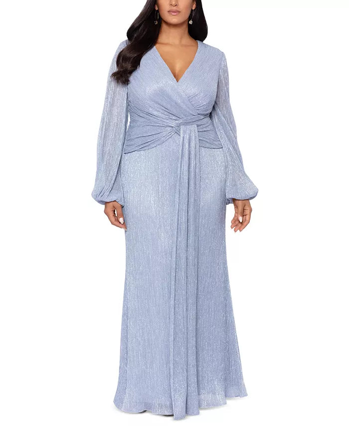 BETSY & ADAM Plus Size V-Neck Twist-Front Gown