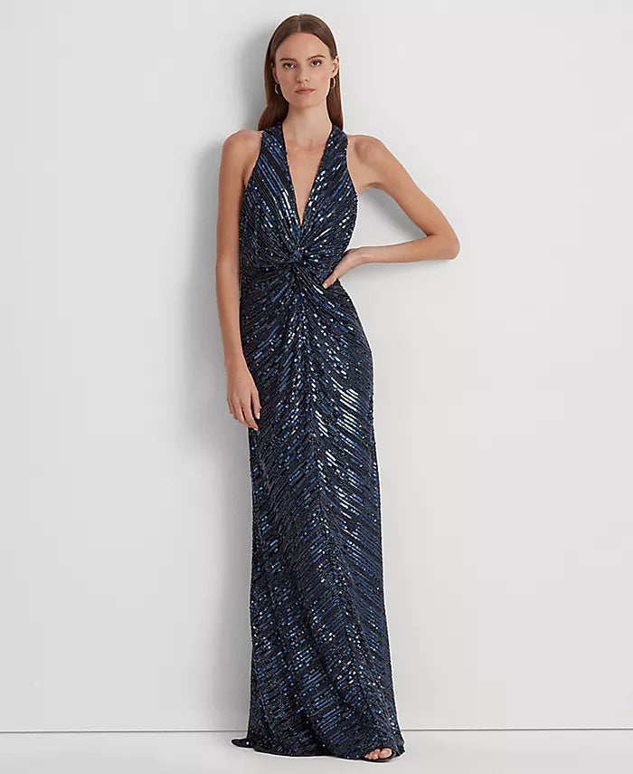 Lauren Ralph Lauren Beaded Twist-Front Halter Gown