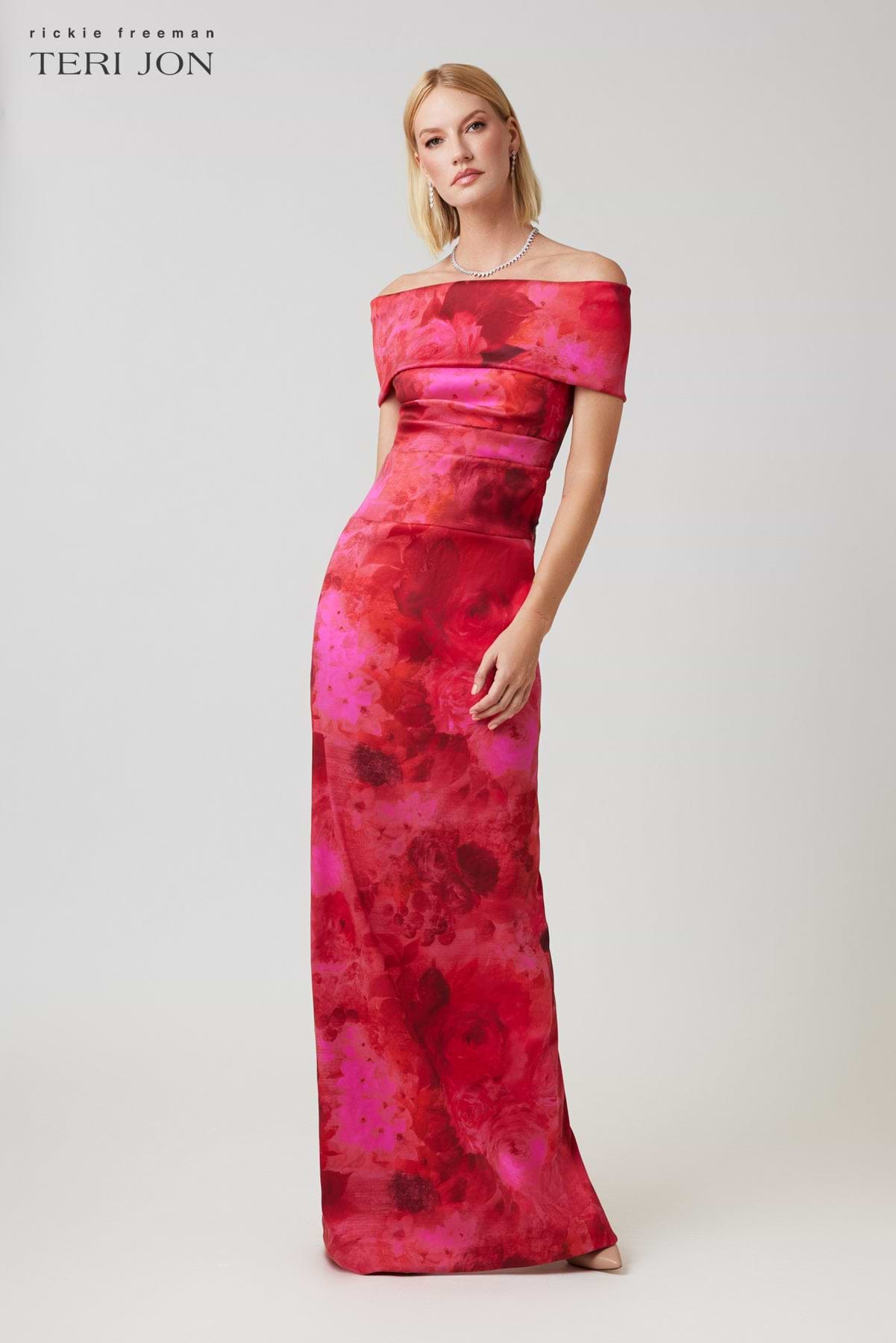 Teri Jon Mikado Ruched Off Shoulder Gown