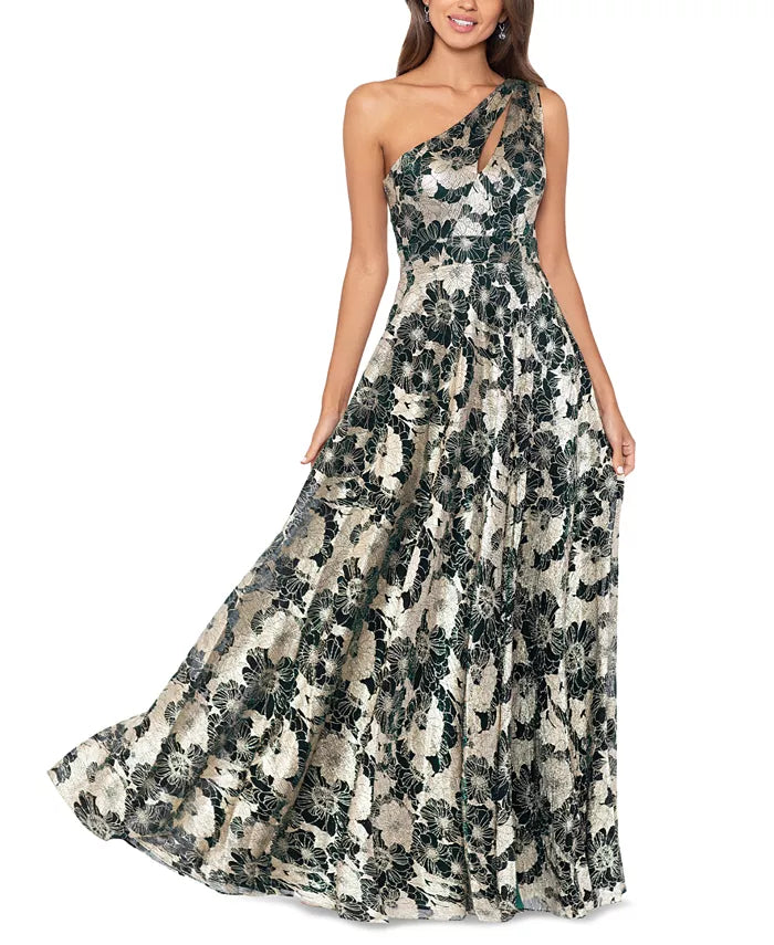 Betsy & Adam Floral One Shoulder Foil Gown