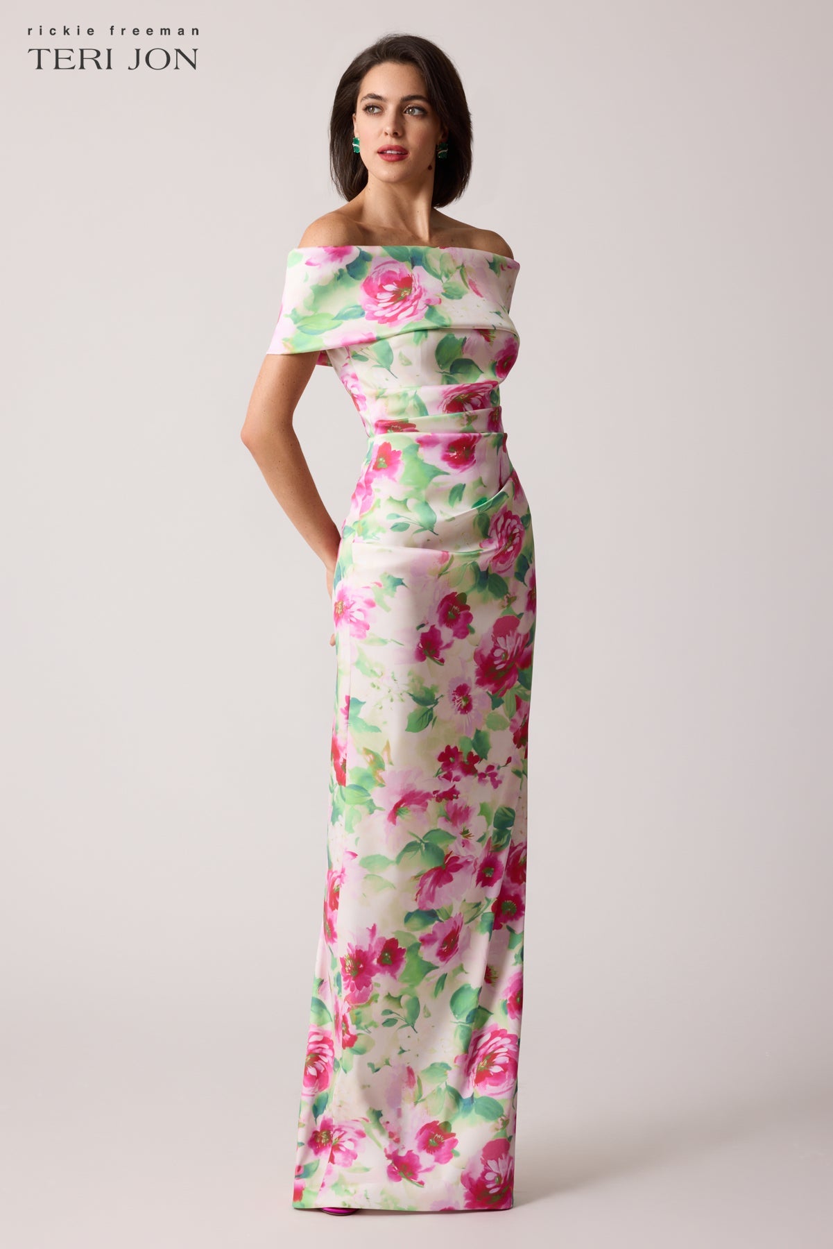 Teri Jon Ruched Off The Shoulder Floral Stretch Gown
