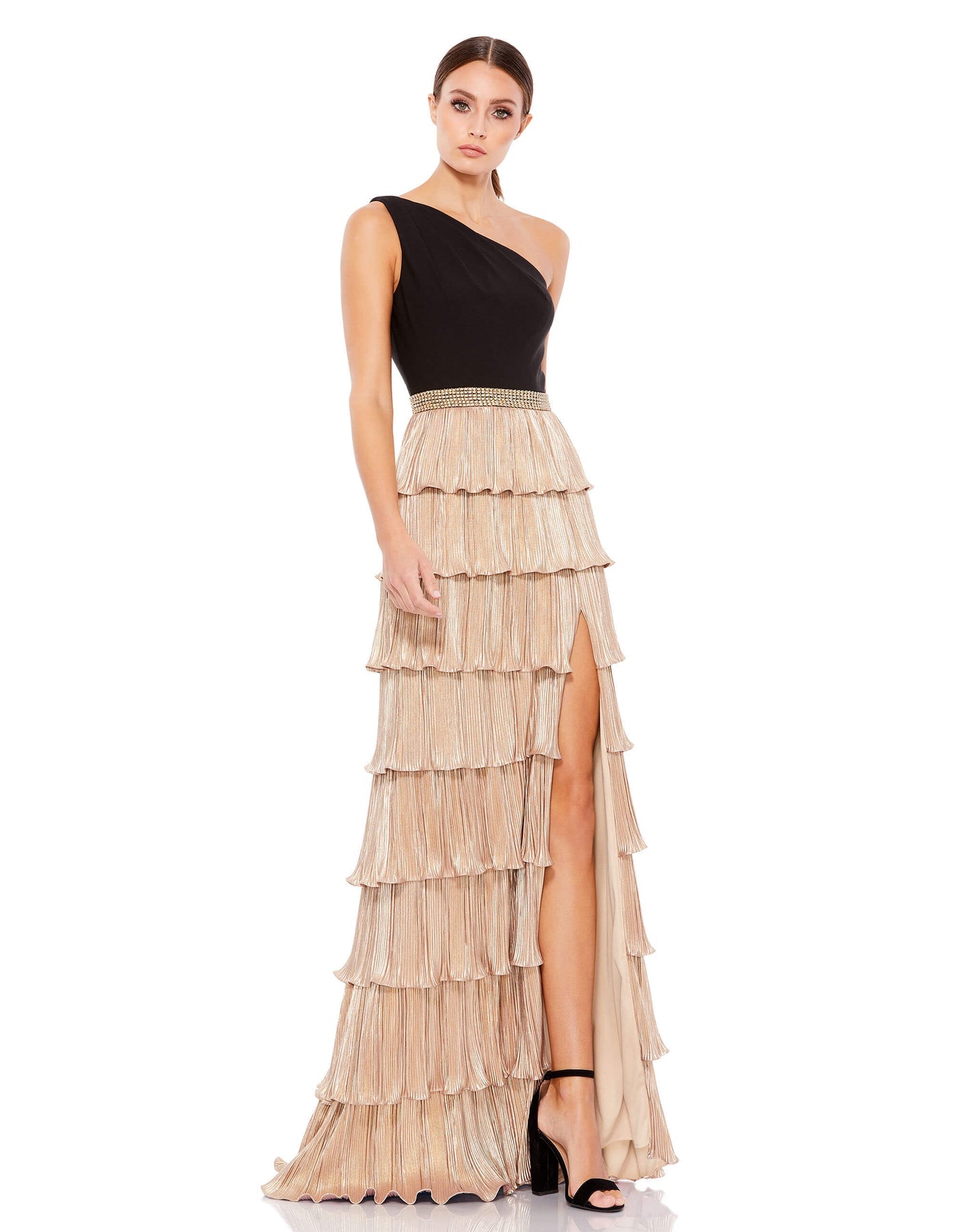 Mac Duggal One Shoulder Layered Metallic Ruffle Gown
