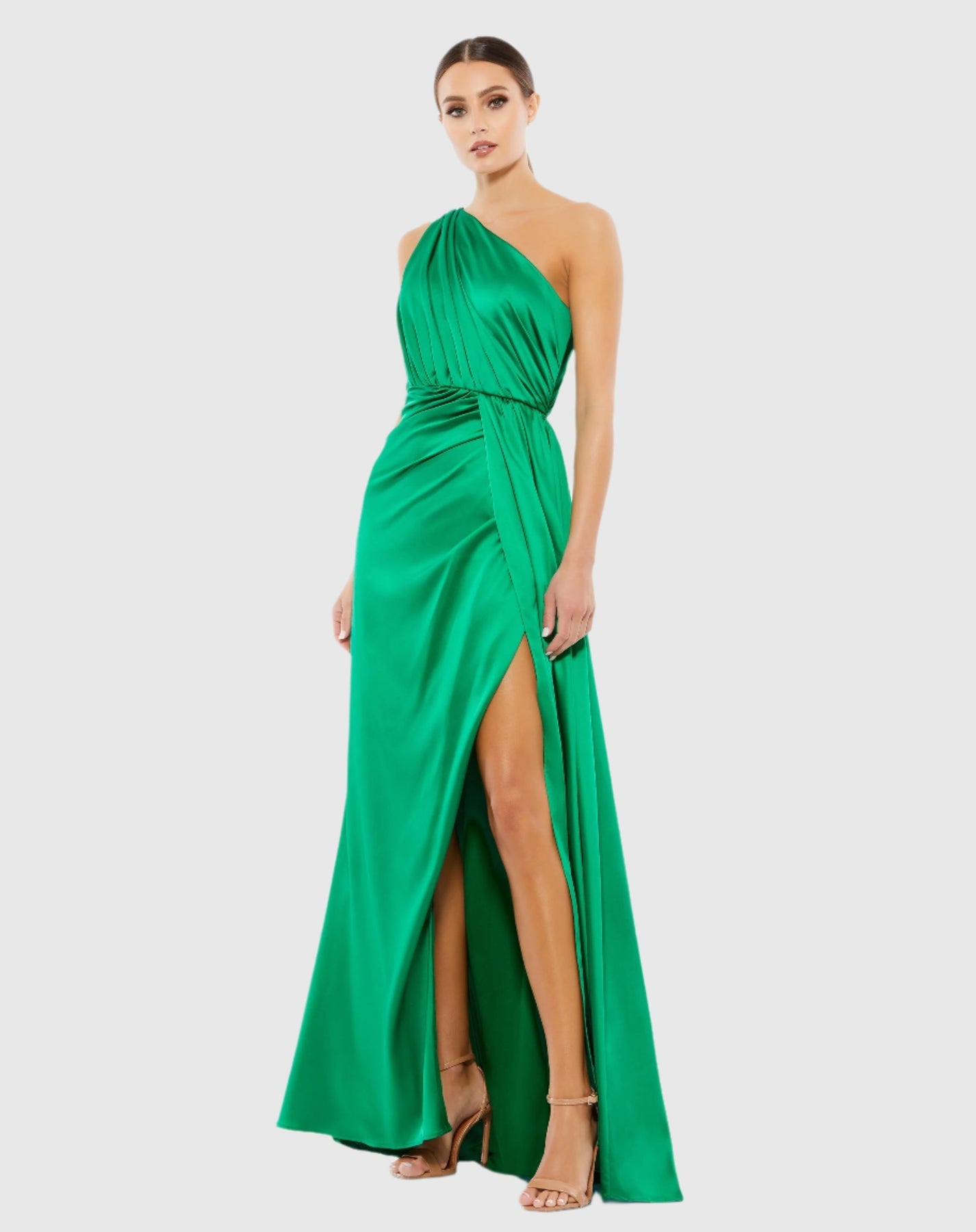 Mac Duggal Gathered One Shoulder Satin Faux Wrap Gown