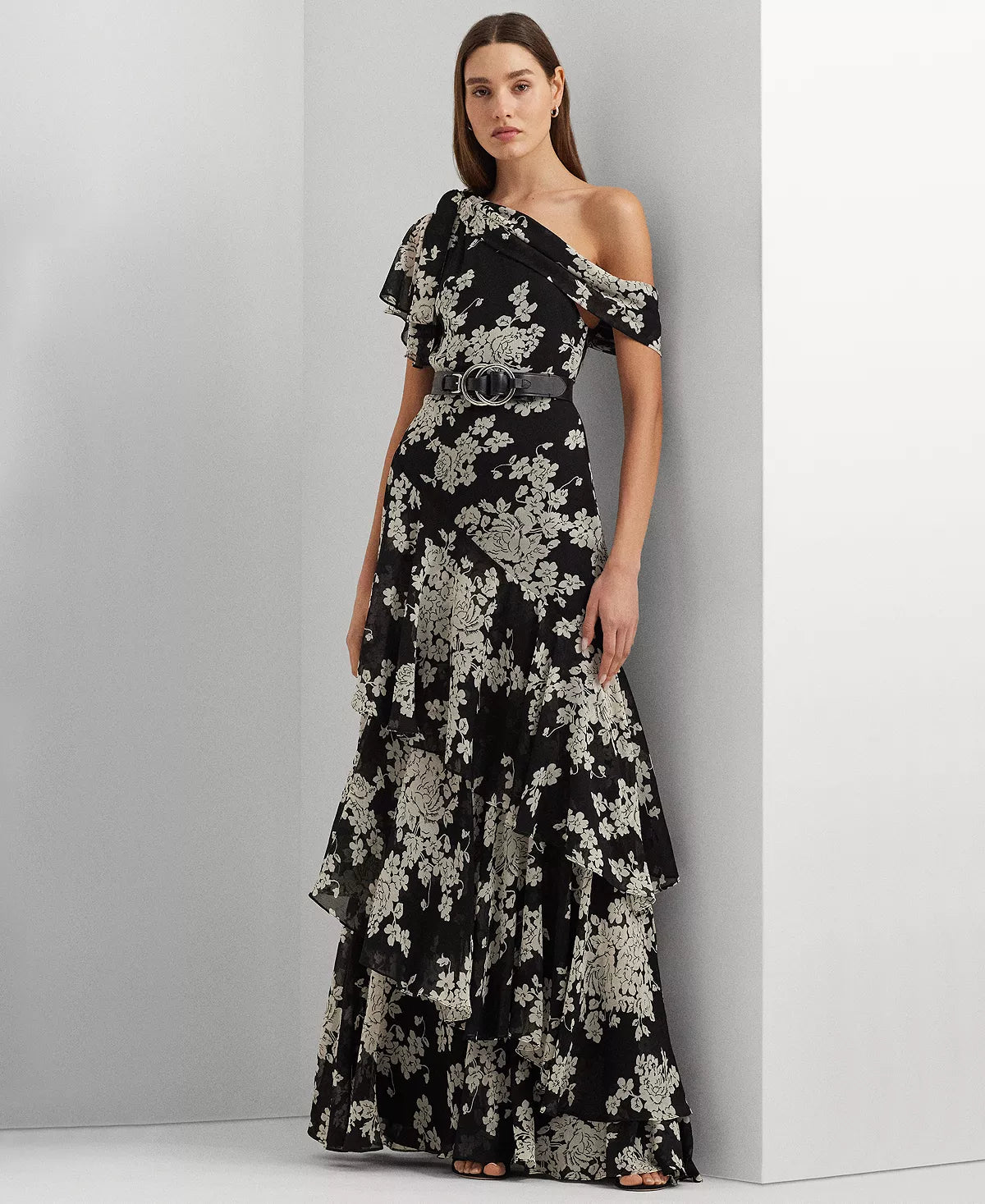 Lauren Ralph Lauren One Shoulder Floral Georgette Gown