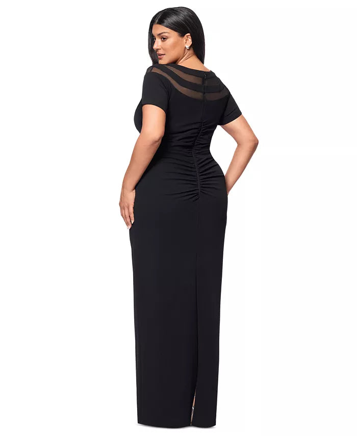Xscape Plus Size Illusion Boat-Neck Short-Sleeve Gown