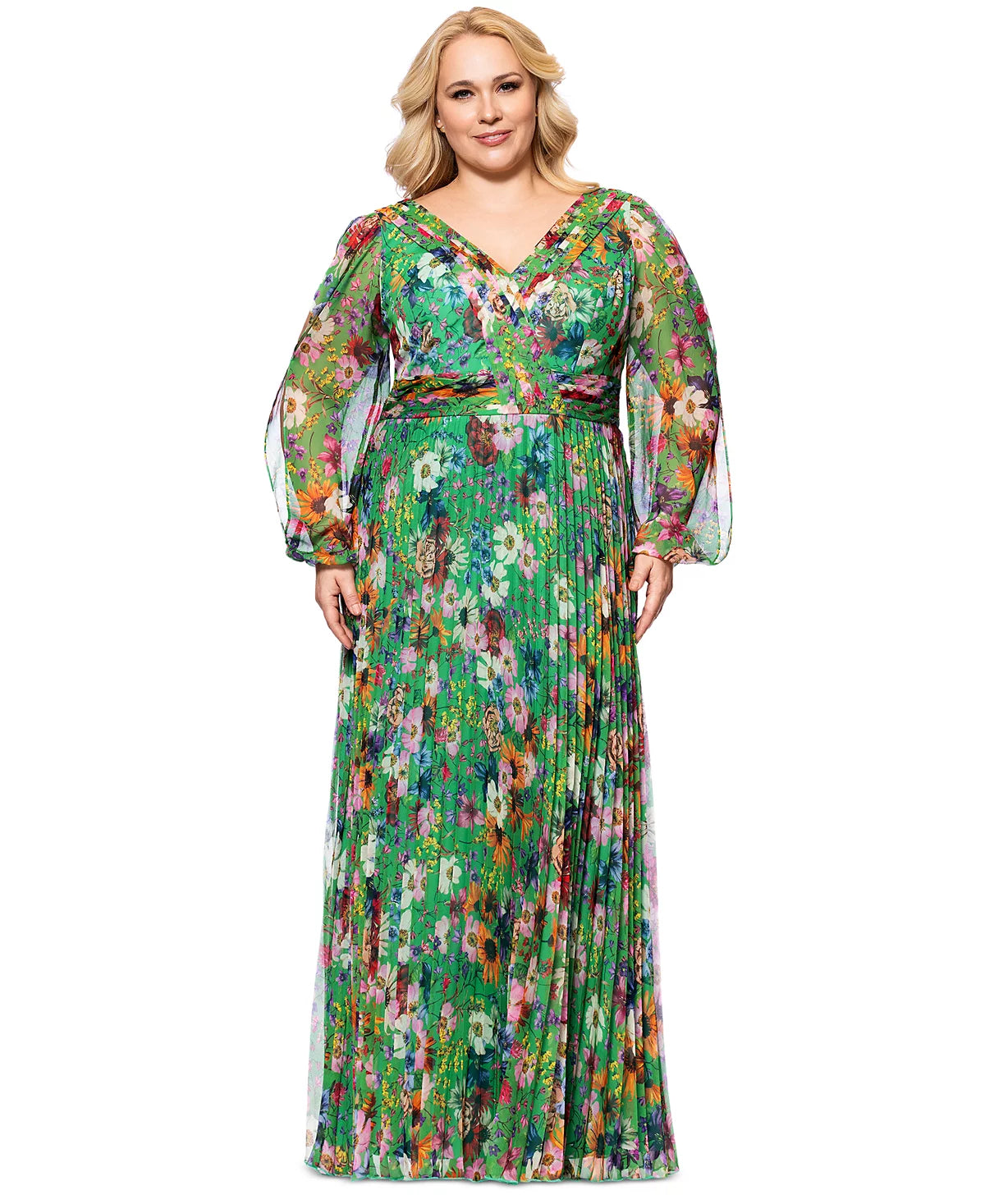 Betsy & Adam Plus Size Pleated Long Sleeve Dress
