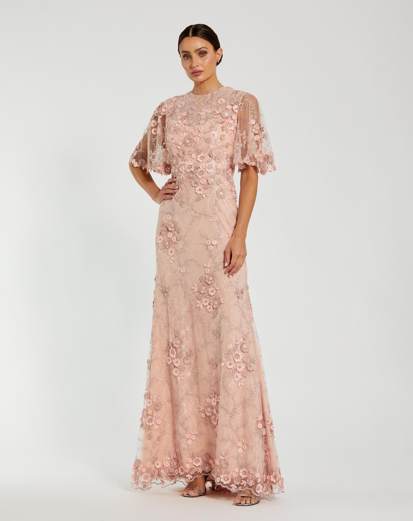 Mac Duggal Flutter Sleeve Floral Embroidered Gown
