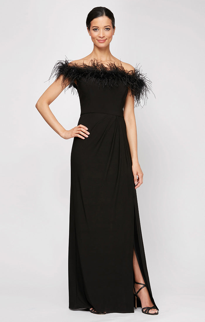 Alex Evenings Off Shoulder Dress with Feather Detail