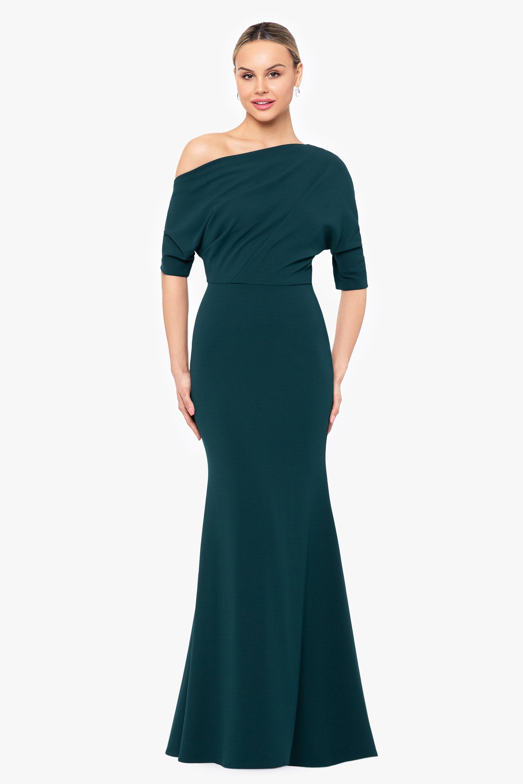 Betsy & Adam One-Shoulder Crepe Scuba Trumpet Gown MOTHER OF Betsy & Adam One-Shoulder Crepe Scuba Trumpet Gown MOTHER OF