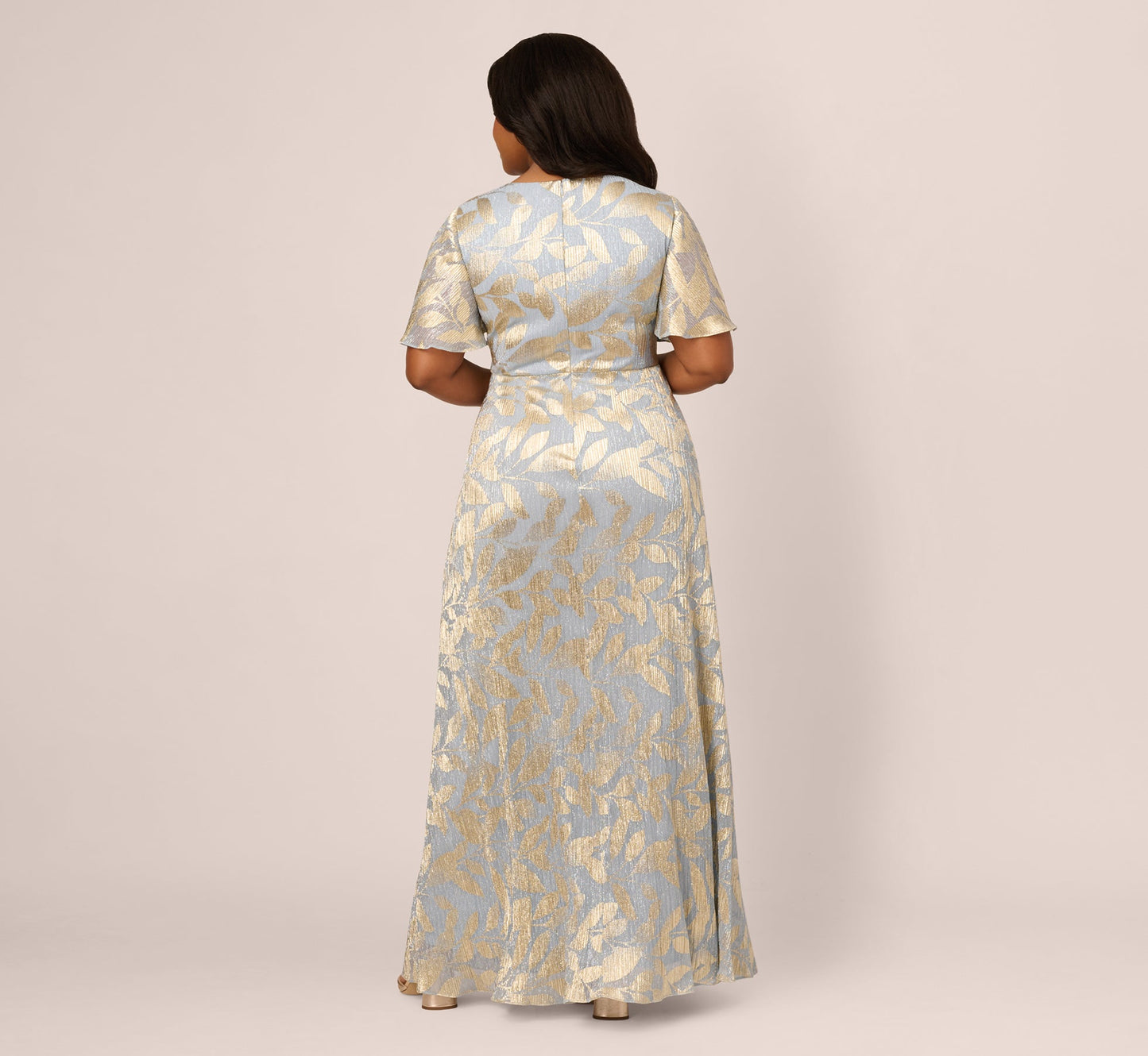 Adrianna Papell Plus Size Foil Leaf Short Sleeve Gown