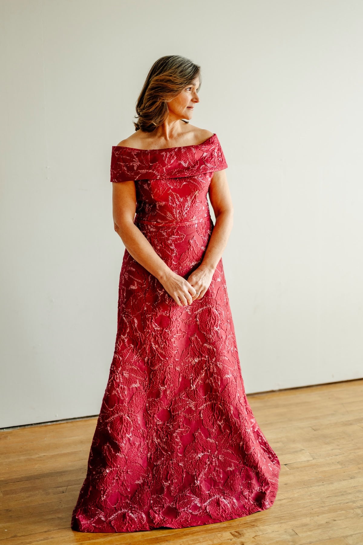 Teri Jon Metallic Jacquard Off The Shoulder Gown