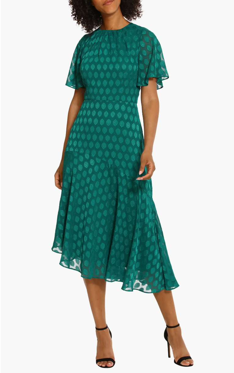 Maggy London Asymmetric Pleated Flutter Sleeve Midi Dress