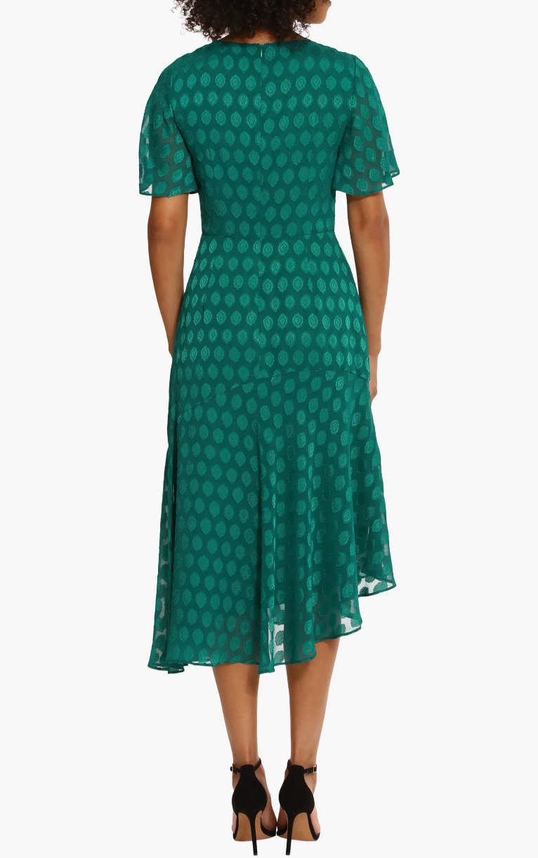Maggy London Asymmetric Pleated Flutter Sleeve Midi Dress