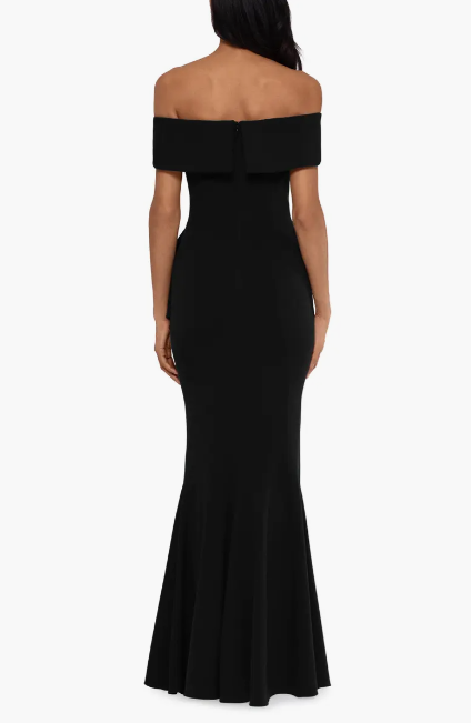 Betsy & Adam Cascade Ruffle Off the Shoulder Gown