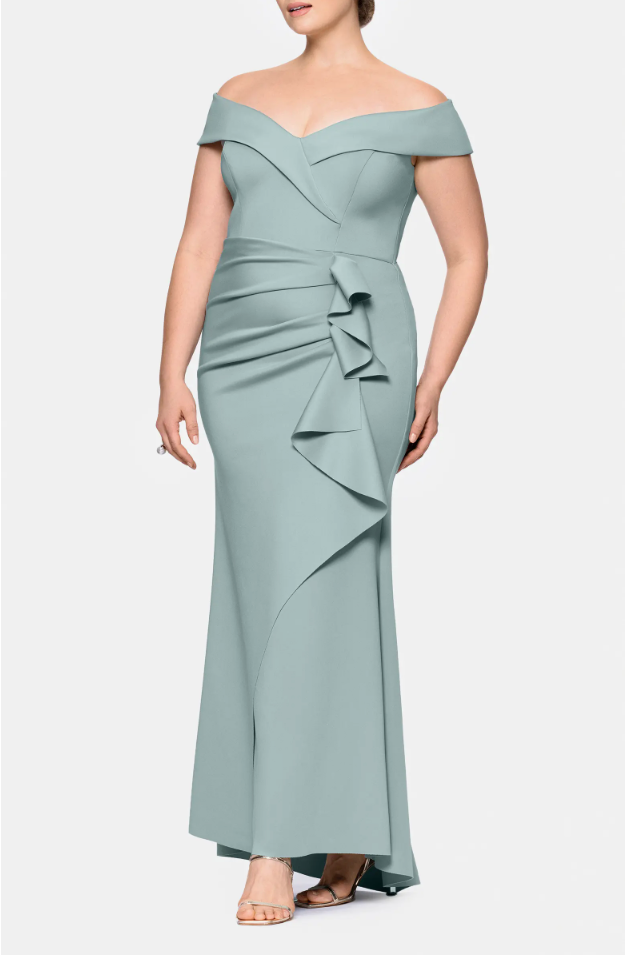 Xscape Plus Off The Shoulder Ruffle Scuba Gown