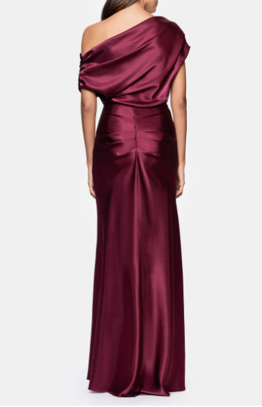 Betsy & Adam One Shoulder Satin Sheath
