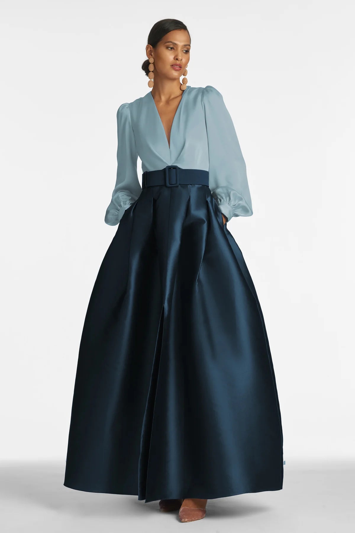 Sachin & Babi V-Neck Box Pleat Ball Gown