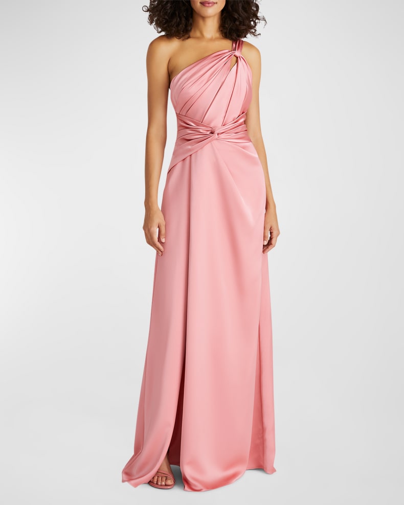 Theia Pleated Twist Front One Shoulder Gown