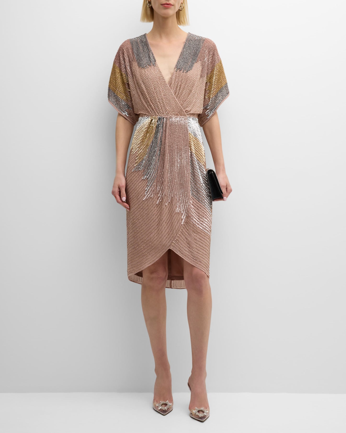 Liv Foster Beaded Dolman Sleeve Faux Wrap Dress