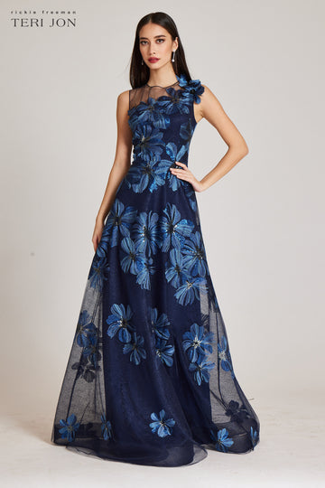 Teri Jon Floral Embroidered Tulle Gown With 3D Flowers