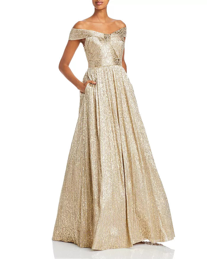 Aidan Mattox Metallic Off Shoulder Gown