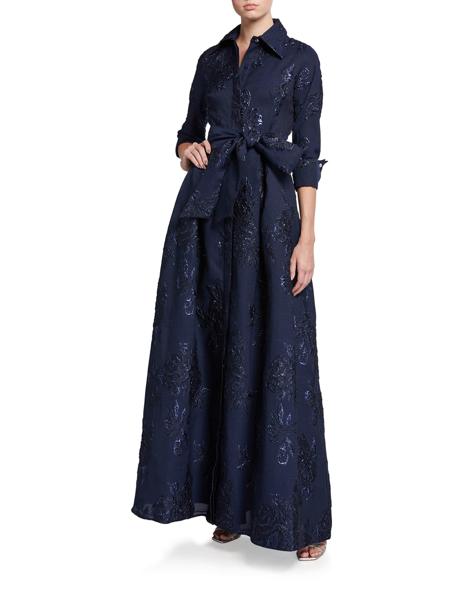 Teri Jon Belted Jacquard Shirtdress Gown MOTHER OF