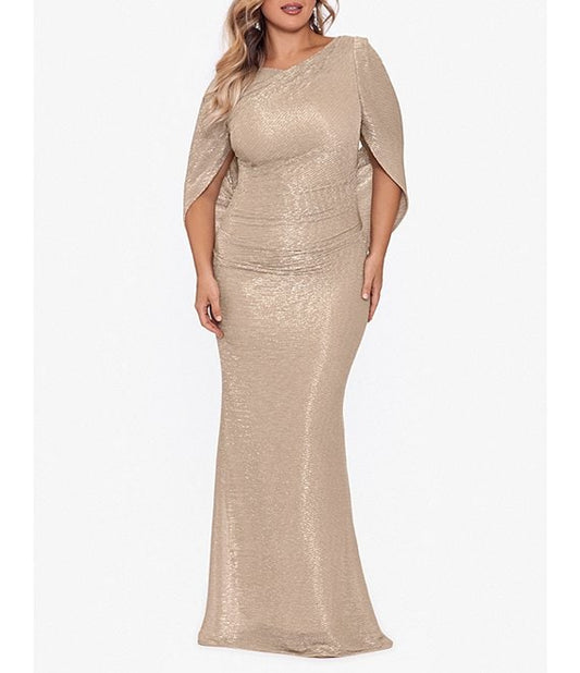 Betsy & Adam Plus Size Cape Back Metallic Gown