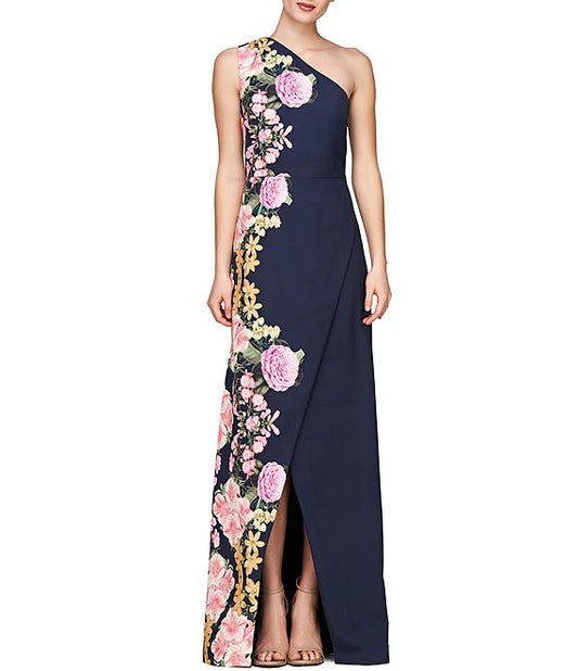 Kay Unger Floral Border Print One Shoulder Gown