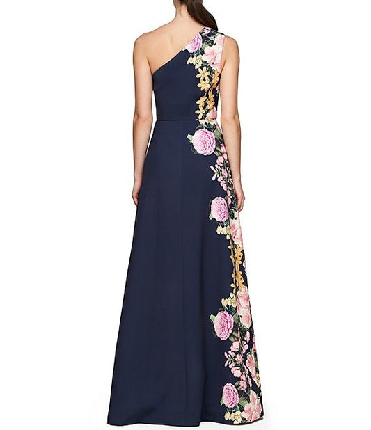 Kay Unger Floral Border Print One Shoulder Gown