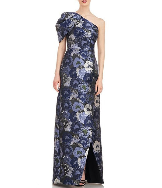 Kay Unger Floral Jacquard One Shoulder Drape Puff Sleeve Gown