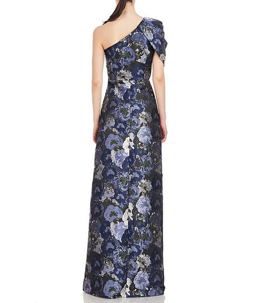 Kay Unger Floral Jacquard One Shoulder Drape Puff Sleeve Gown