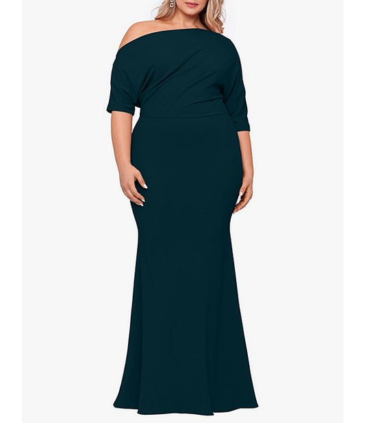 Betsy & Adam Plus One-Shoulder Crepe Scuba Trumpet Gown