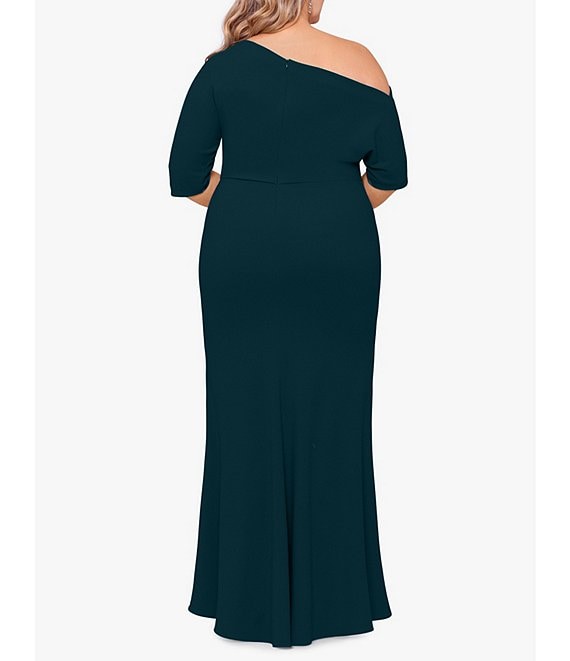 Betsy & Adam Plus One-Shoulder Crepe Scuba Trumpet Gown