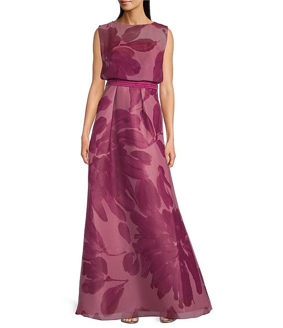 Kay Unger Chiffon Floral Print Sleeveless Blouson Gown