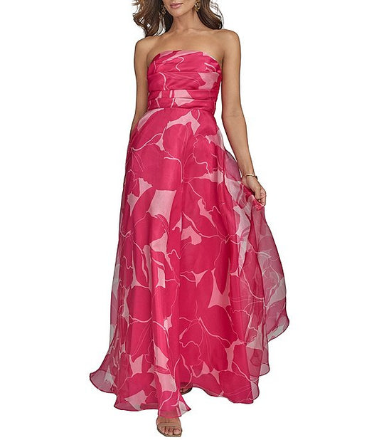 Donna Karan Strapless Floral Print Organza A-Line Gown
